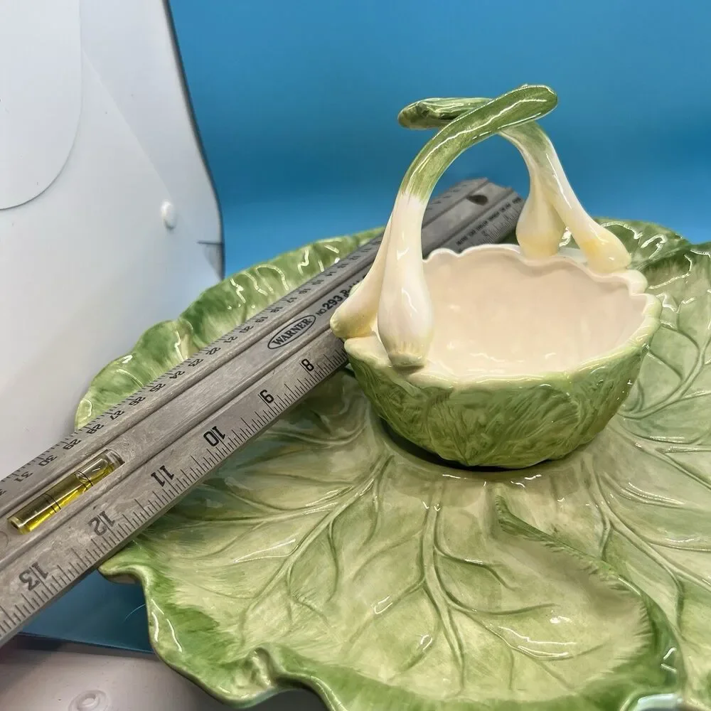 Vintage Fitz 1982 & Floyd Ironstone Cabbage Leaf spring onion Chip & Dip Set ff